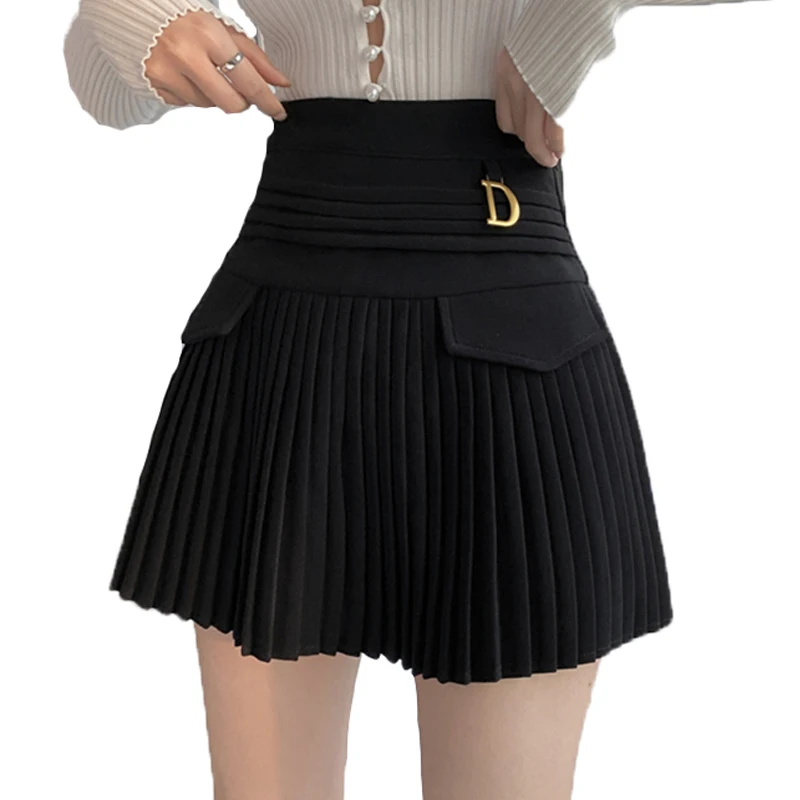 

Kawaii Black Pleated Skirts Women High Waist Mini Skater Metal Letter D Design A-Line Clubwear Korean Streetwear Casual Skirts