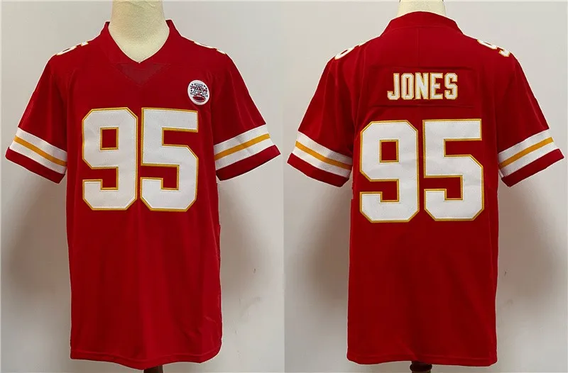 

Bilok New Embroidery American Jersey 95# Chris Jones Fans Wear Men Women Kid Youth Football Red Kansas City Chiefs Rugby Jersey