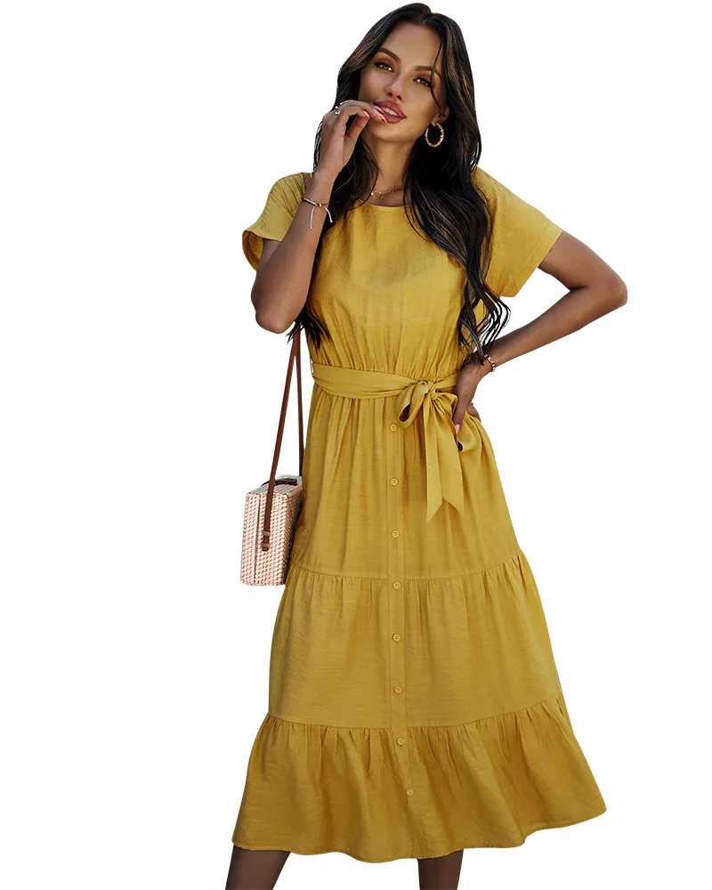 

Women's Summer Long Skirt Solid Color Round Neck Short-Sleeve Casual Dress With Belt