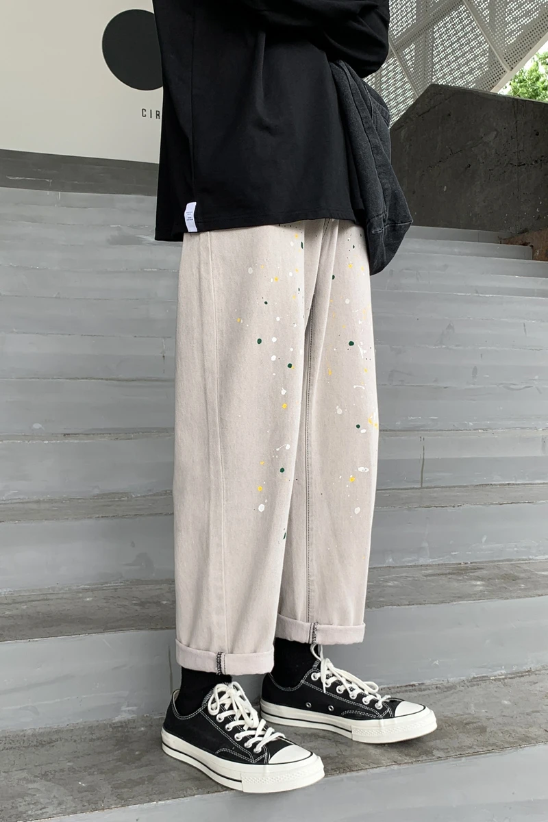 

2020 splash of ink paint on print jeans Hipster men's loose straight leg long pants teen hip hop retro wide leg pants