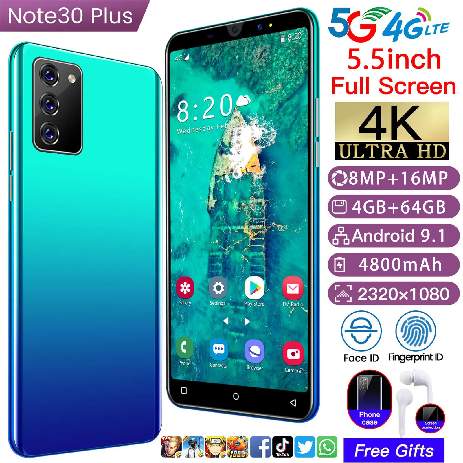 Глобальная версия смартфона Note30 Plus экран 5 дюйма аккумулятор 4800 мАч 8 ГБ + 256