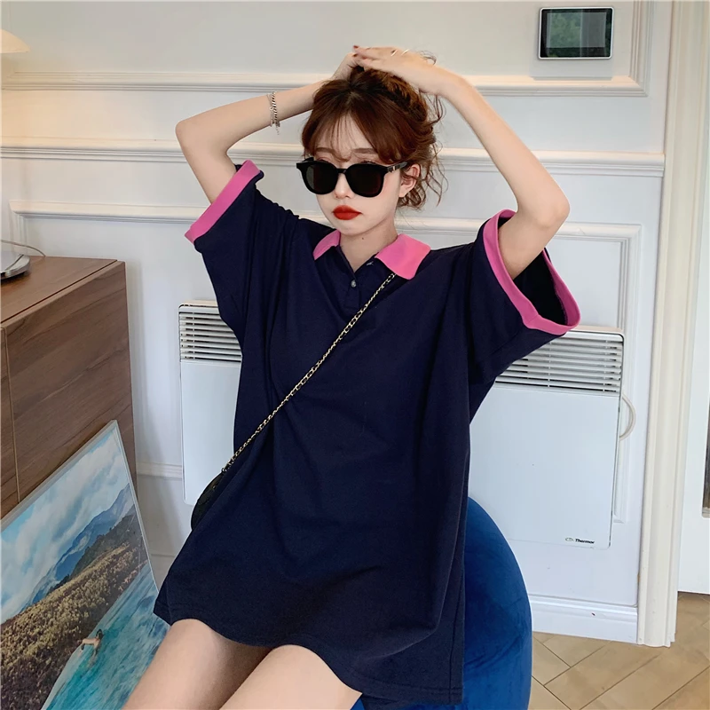 

Korean Causal Turn-down Collar Short Sleeve Tees Women Clothing Straight Loose Oversized T Shirts Summer Plus Size Ladies Tops