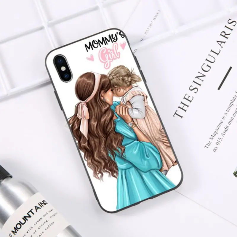 

Cute Brown Hair Boy Girl princess Mom Baby Black TPU Soft Phone Cover for iPhone 11 pro XS MAX 8 7 6 6S Plus X 5 5S SE XR case