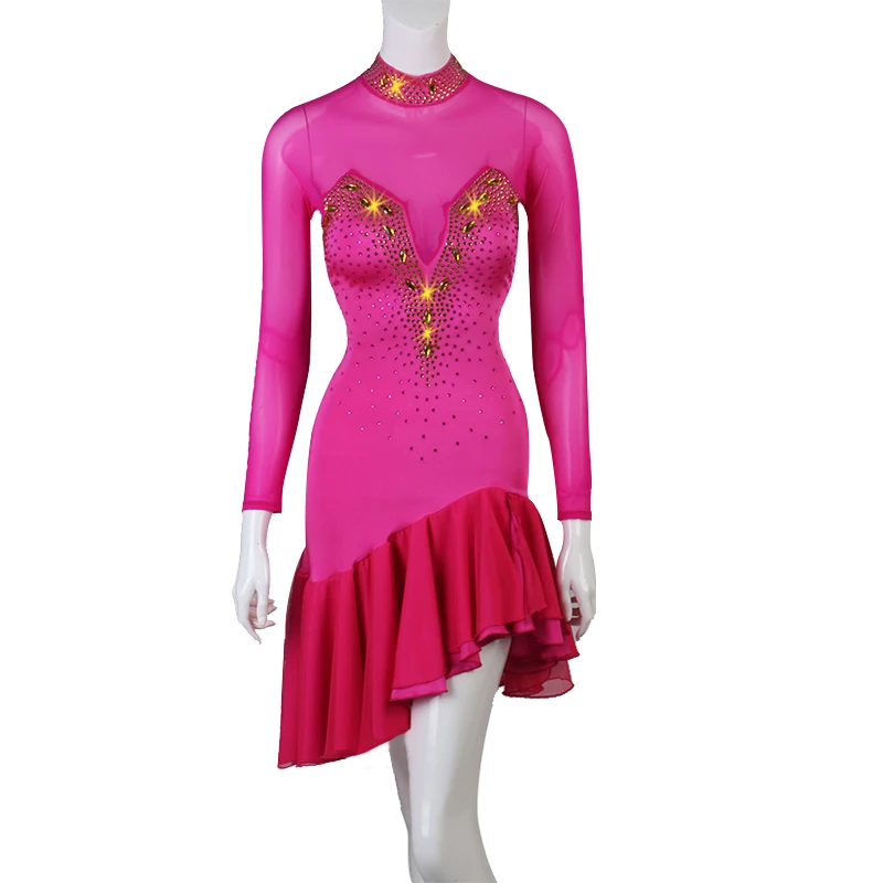 Женское платье для латинских танцев черное ассиметричная юбка соревнований