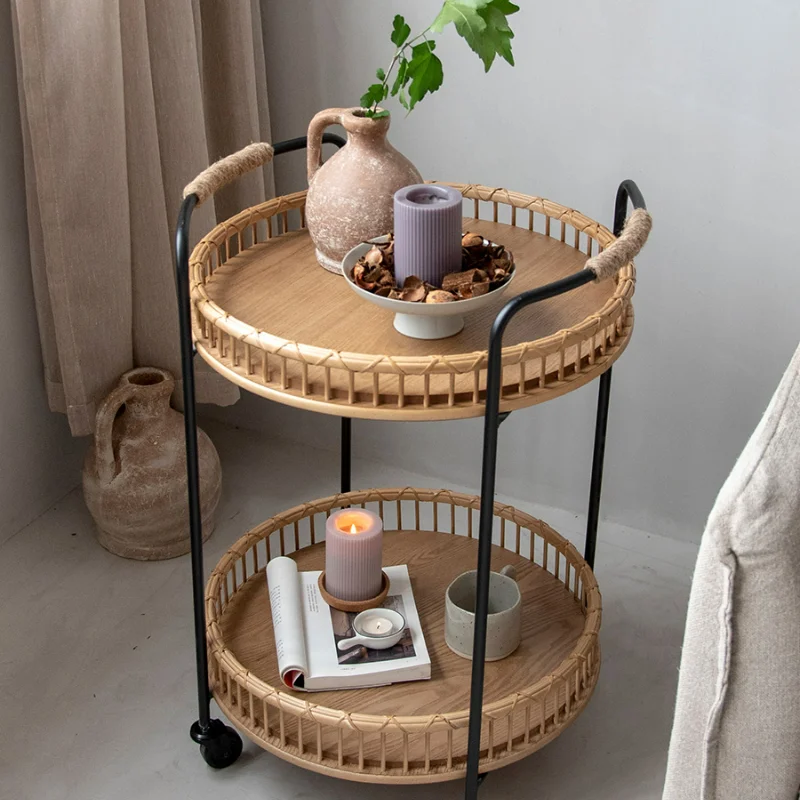 

Nordic wrought iron movable rattan trolley coffee table with wheels small apartment living room round sofa side cabinet