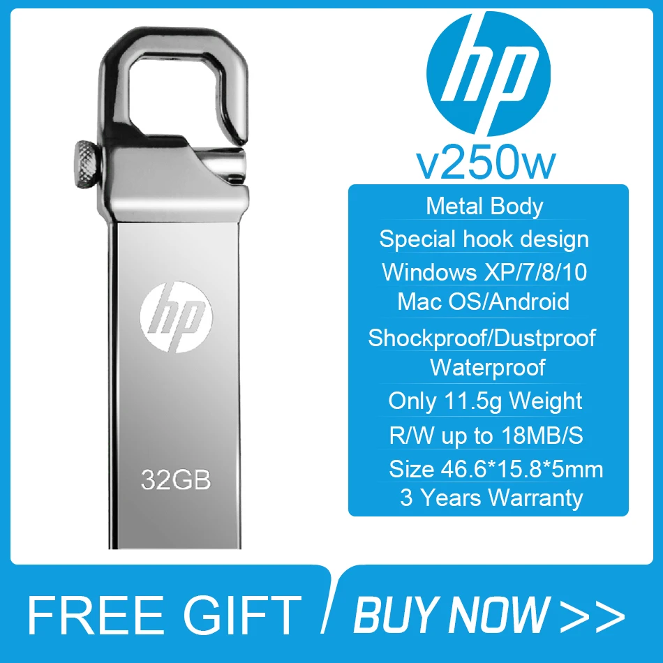Оригинальный HP V250W водонепроницаемый металлический USB флэш накопитель 64 ГБ pendrive 32