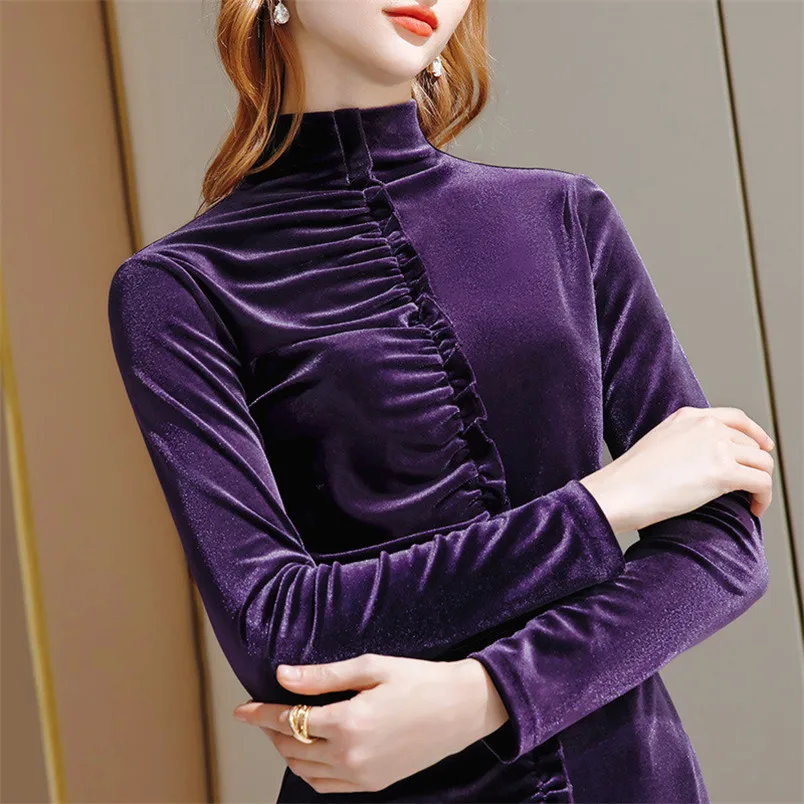 

Basic Turtleneck Slim Velvet Shirts Women Autumn Winter Casual long Sleeve Designed Ruffles Shirts Female Chic Tops 11 Colors