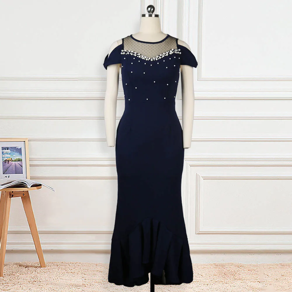 Autumn Women's Sexy See-through Mesh Patchwork Beaded High Waist Plus Size Evening Dress Elastic Party Dresses | Свадьбы и
