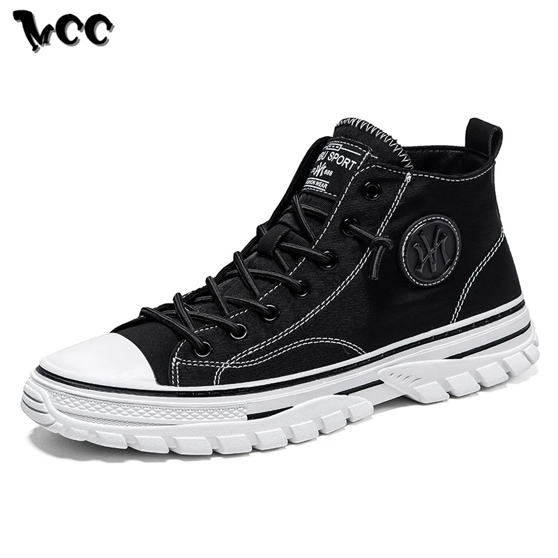 

Men High Top Canvas Shoes Casual Boots Breathable Lace-up Sneakers with Platform Black Gray Nonslip Designer Vulcanized Footwear