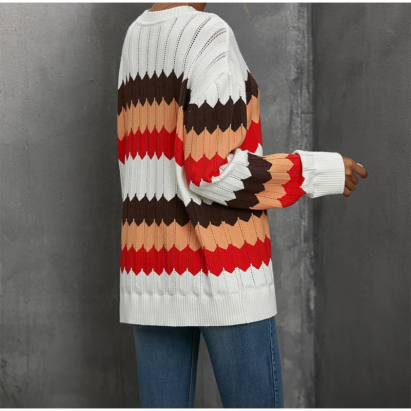 

Autumn Knitted Striped Panelled Sweaters Women Wave Cut Loose O-neck Long Sleeve Sweater Female 2020 Winter Casual Lady Pullover