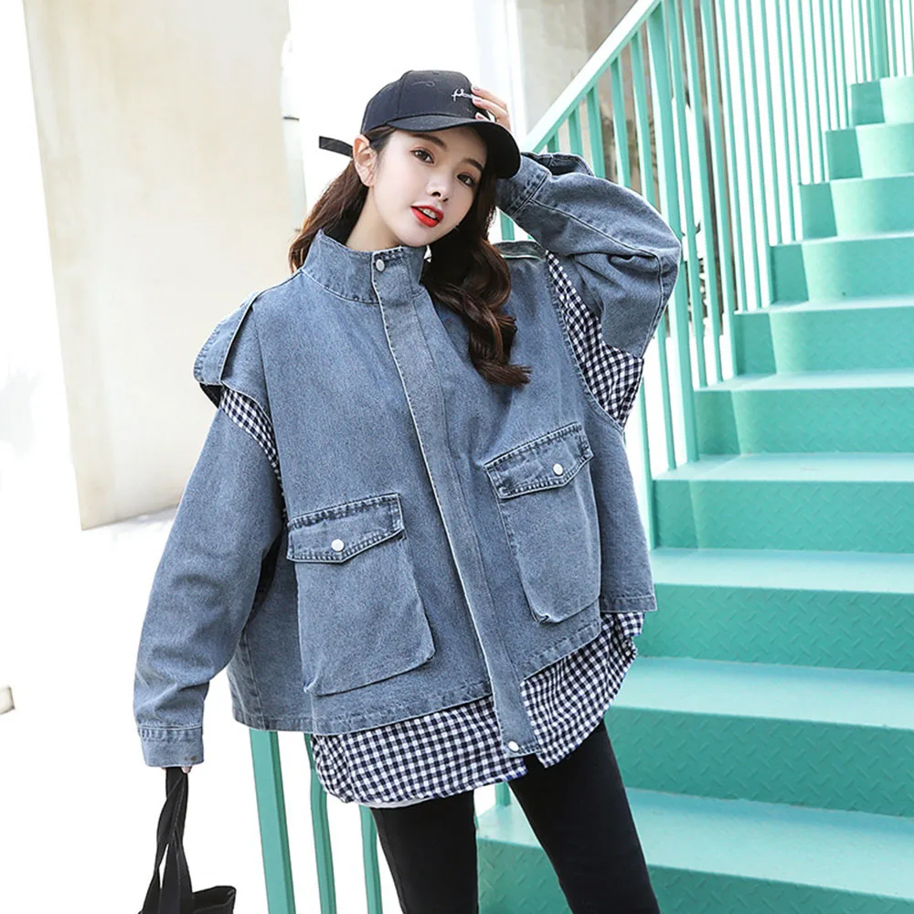 

Plaid Stitching Fake Two Piece Denim Jackets Women's Autumn 2021 New Korean Loose Wild Jean Jacket Harajuku Street Cowboy Tops