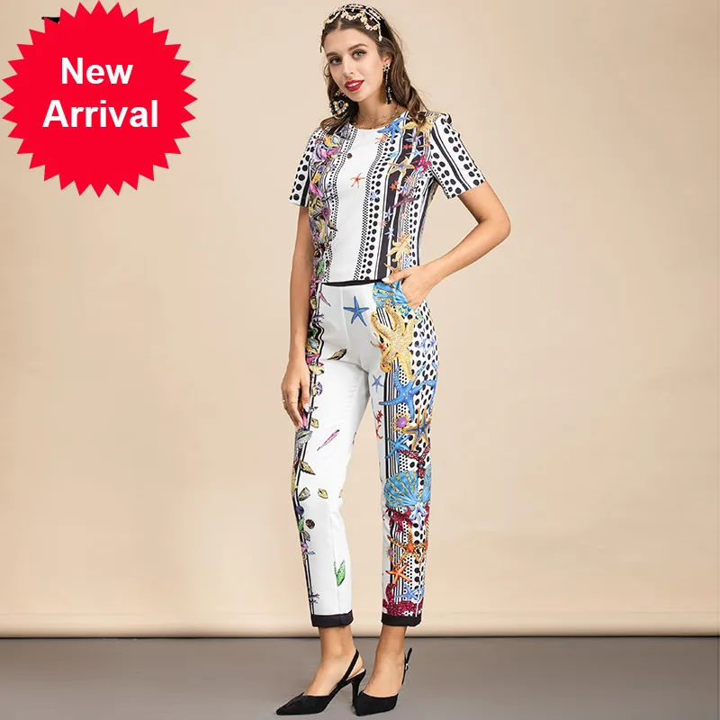 2021 Summer Fashion Runway Pants Suits Women's Elegant Short sleeve Print Top and Slim Long Pants 2 Two Piece Set