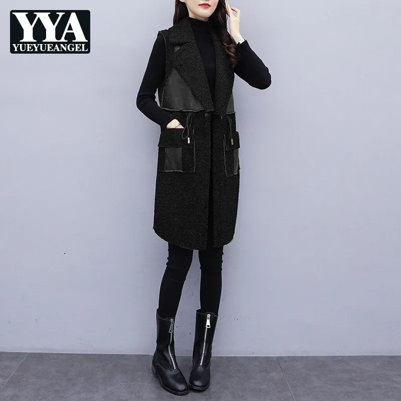 Женский жилет средней длины из искусственной кожи без рукавов | Женская одежда