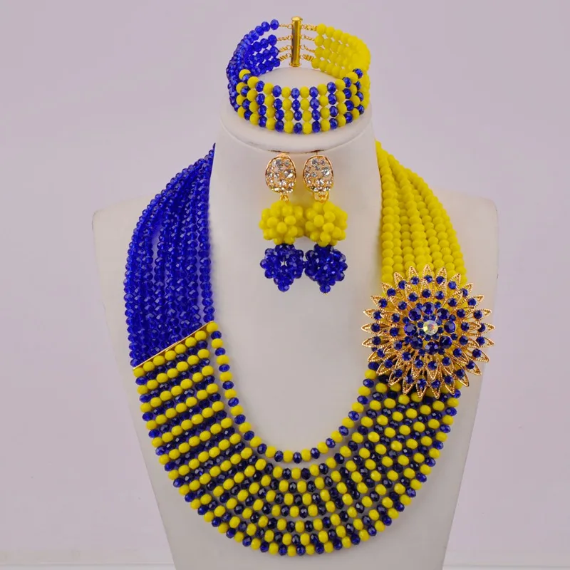 Королевский синий и Непрозрачный желтый нигерийские Свадебные колье комплекты