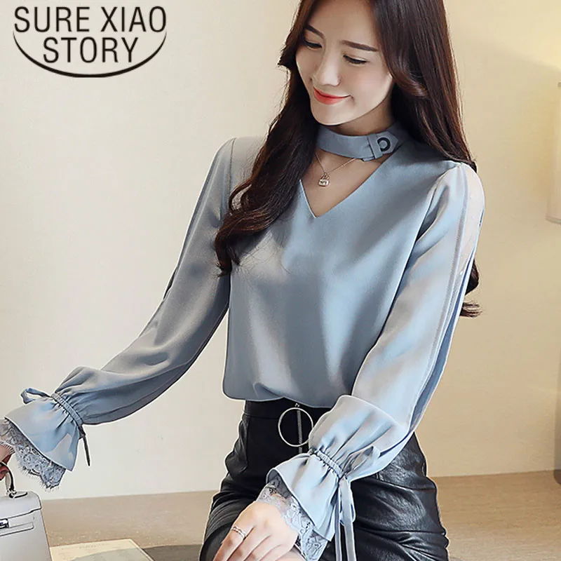 2018 модная зимняя блузка Женская Повседневная кружевная рубашка с длинным