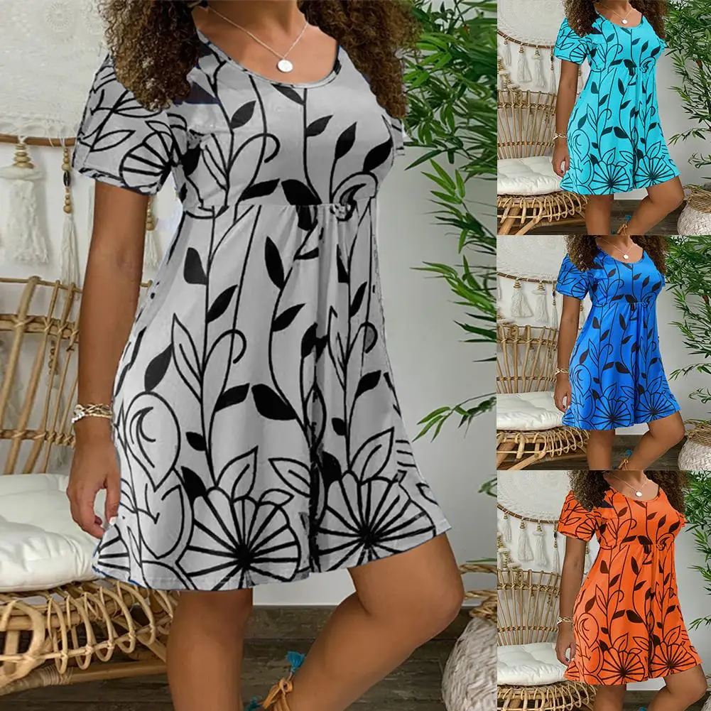 

Women Casual O Neck Short Sleeve Leaves Print Loose Streetwear A-line Dress