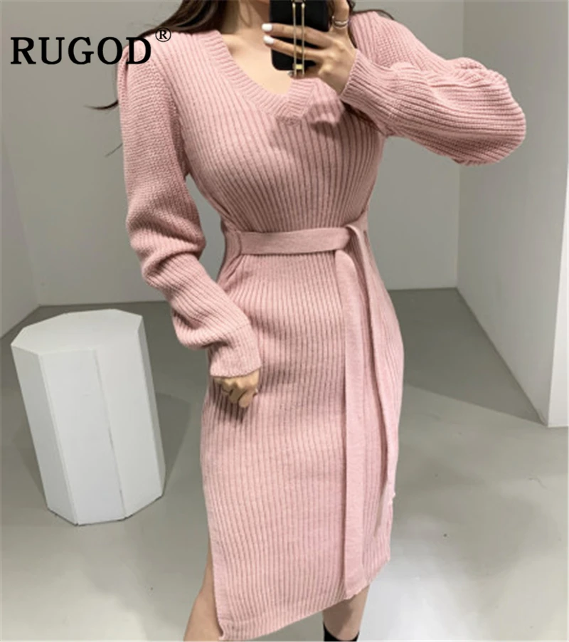 RUGOD корейское Шикарное облегающее платье свитер Женская мода осень зима теплое