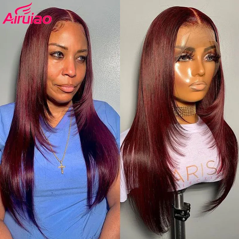 Colored 99j Burgundy Lace Front Wigs For Women Human Hair HD Lace Wig Bone Straight Hair Red Wig Full 250% Density Pre Plucked