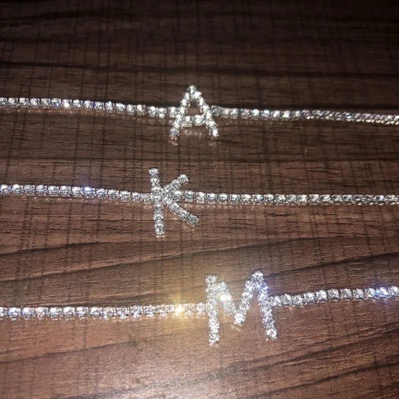 Cubic Zirconia Initial Letter Bracelets Iced Out Chain Bracelet A D E F G H I J K L M N O P Q R S T U V W X Y Z Crystal Jewelry | Украшения