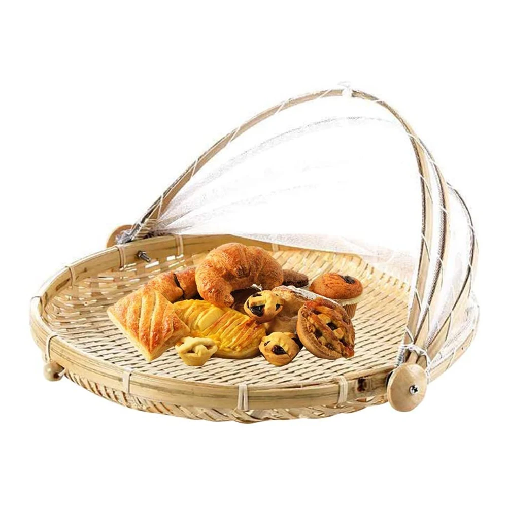 Bamboo Picnic Food Serving Basket Anti Flies Insect Net Cover Bread Fruit Tray Barbecue Party Mosquito Fly Tent | Дом и сад