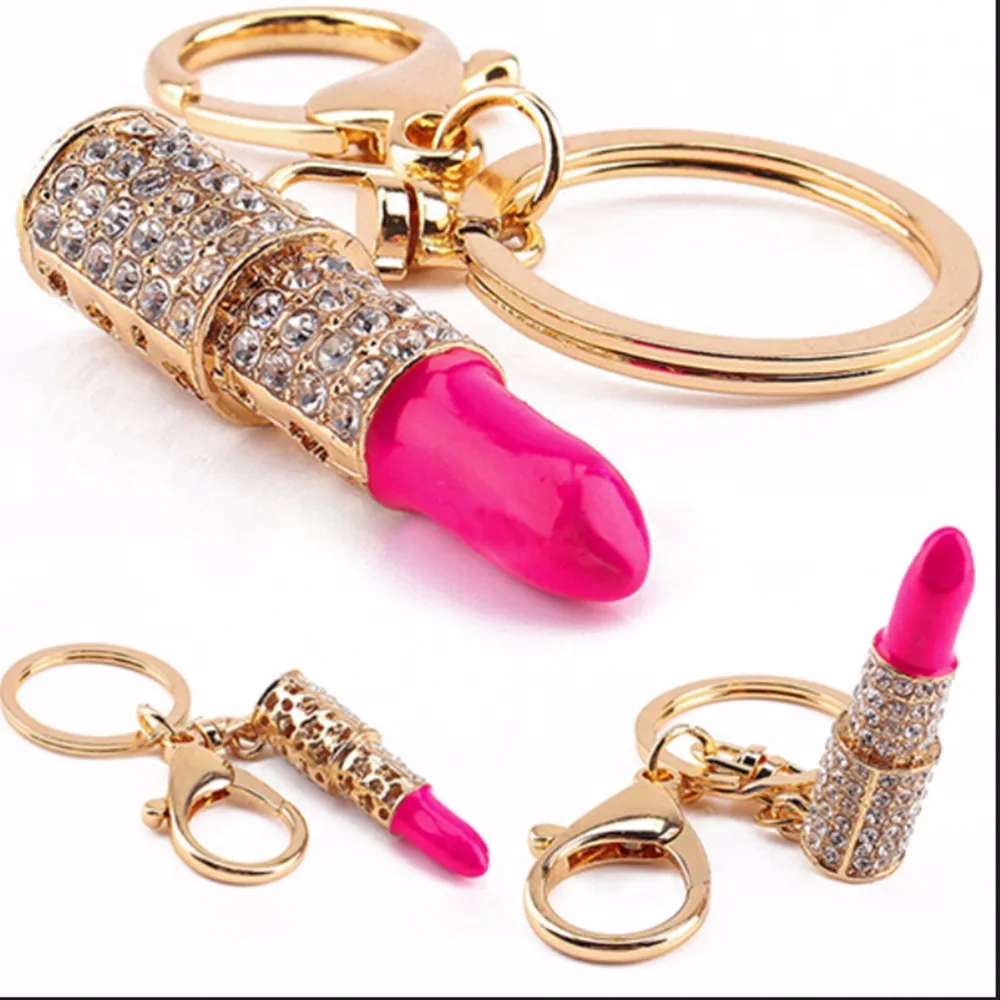 

1Pc Crystal Rhinestone Lipstick Keyring Golden Charm Pendant Bag Purse Car Key Chain Gift car accessories