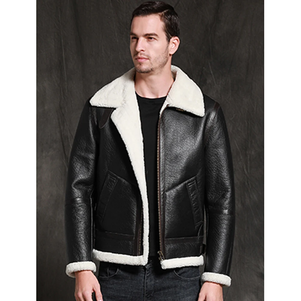 Мужская короткая куртка из натуральной кожи SANI черная утепленная овчины с мехом