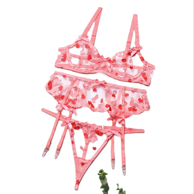 

Women's Sexy Lingerie 3-piece Transparent Selling Bra Embroidered Lace Bra Panty Garter Set Erotic Exotic Lingerie Set