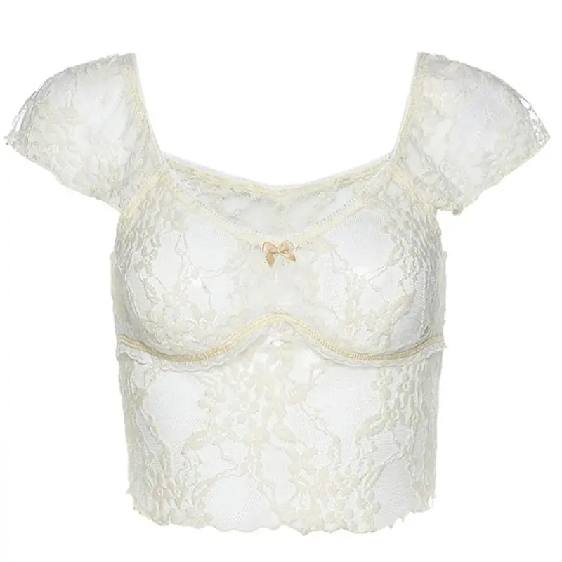 

Women Floral Lace Short Sleeve Crop Top Sexy Square Neck Backless Mesh T-Shirts