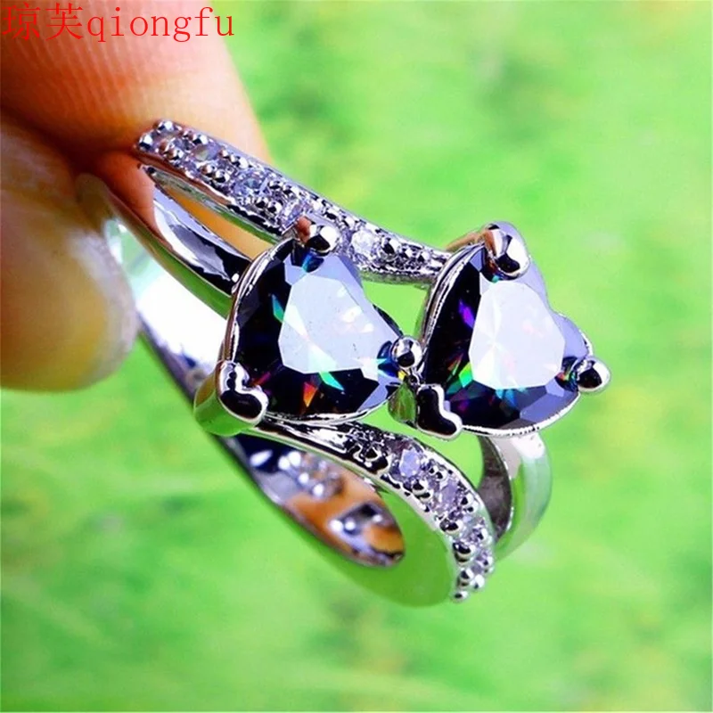 

Qiongfu Enchanted Lady Body Ring Double Heart Color Ring Zircon Double Love Heart Jewelry luxury brand jewelry sets