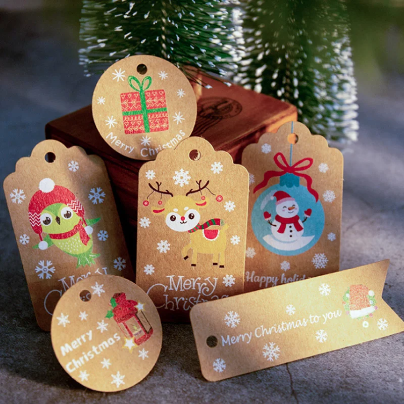 

100 шт. рождественские бирки из крафт-бумаги «сделай сам», бумажные этикетки для упаковки подарков ручной работы, подвесные бирки с Санта-Кла...
