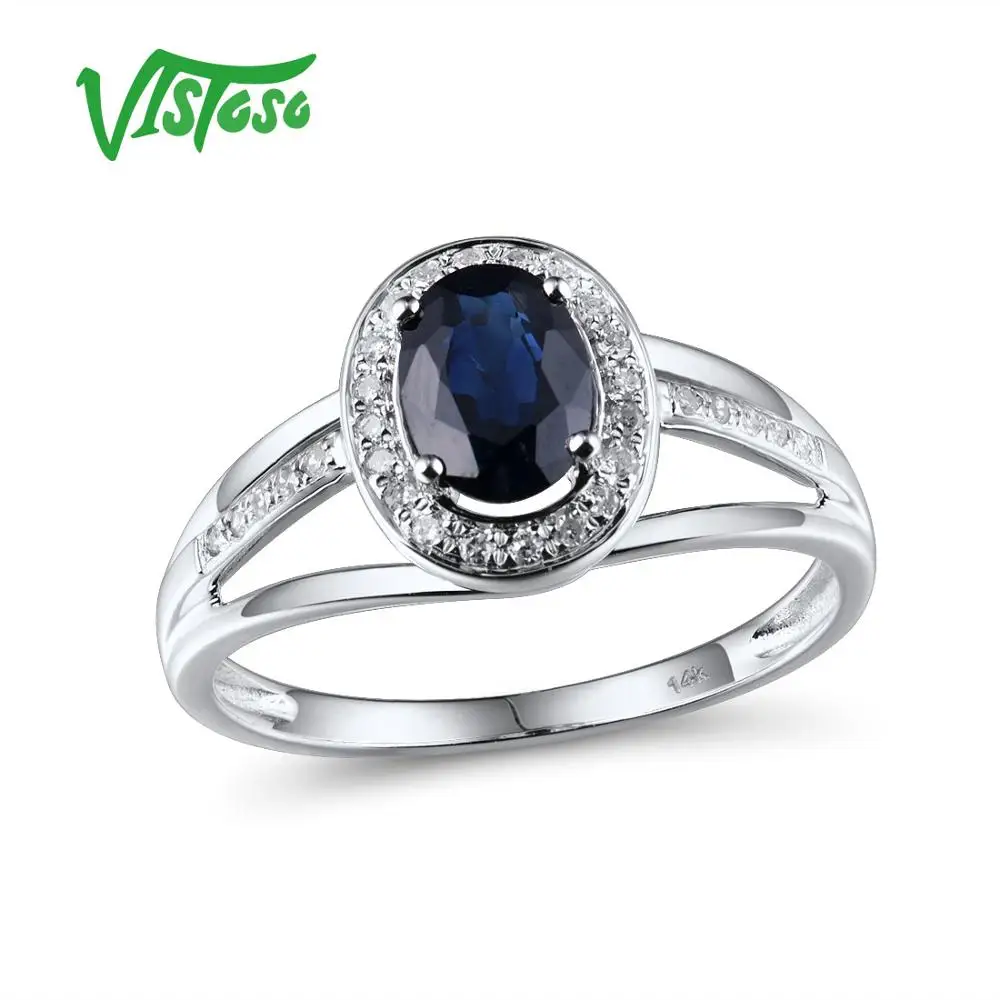 VISTOSO 14K White Gold Rings For Women Genuine Sparkling Diamond Fancy Blue Sapphire Engagement Anniversary Unique Fine Jewelry