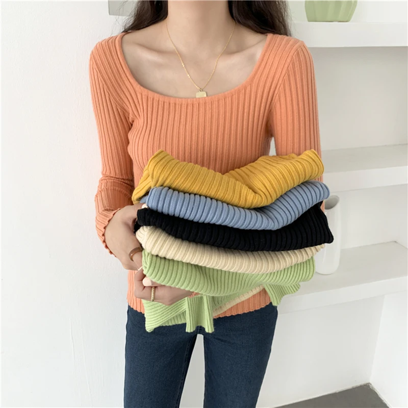 

2020 chic Autumn winter Slim Basic Ribbed Sweater Pullovers Women Long Sleeve Casual Warm Sweater knit Jumpers top