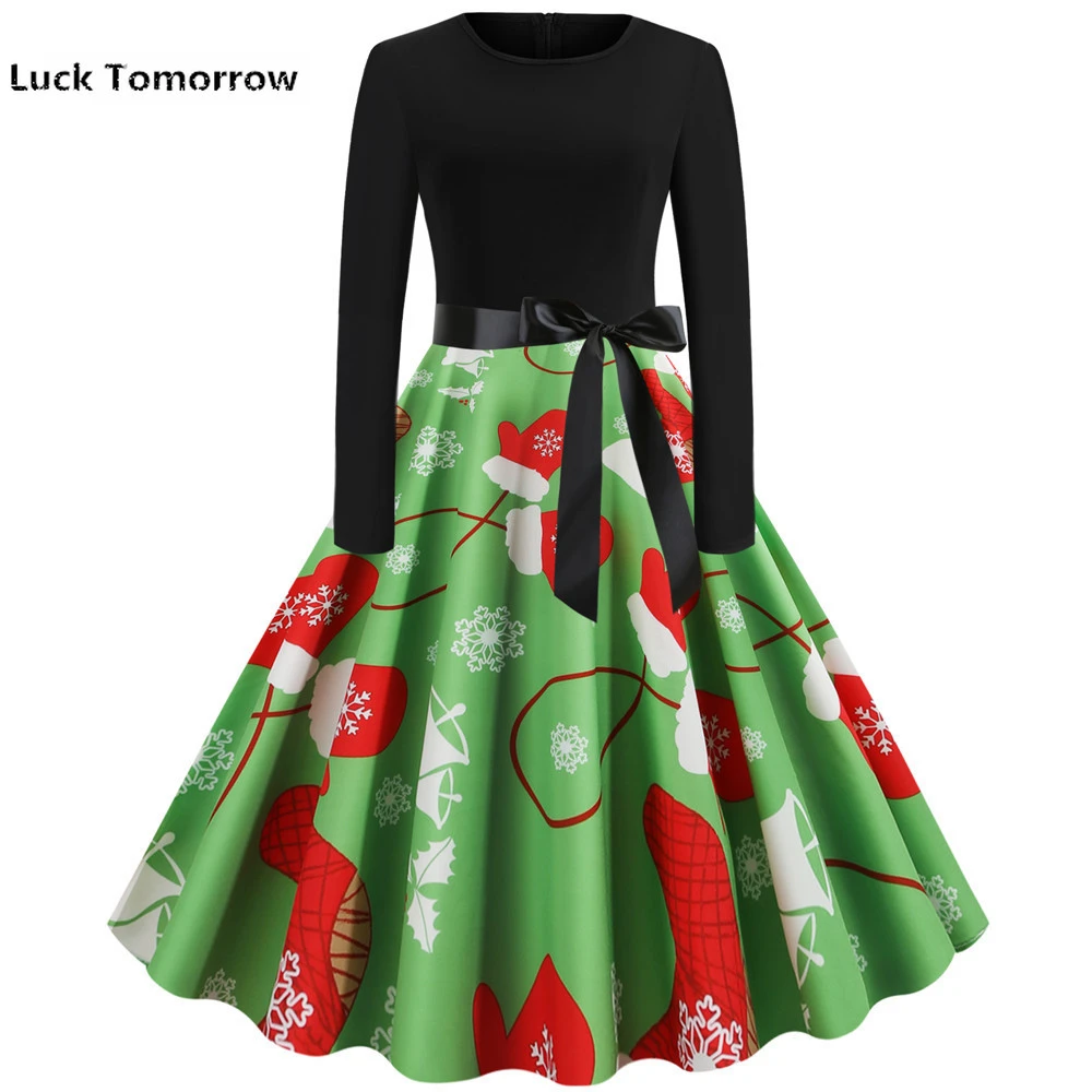 Черное платье миди с принтом для рождественской вечеринки женское элегантное