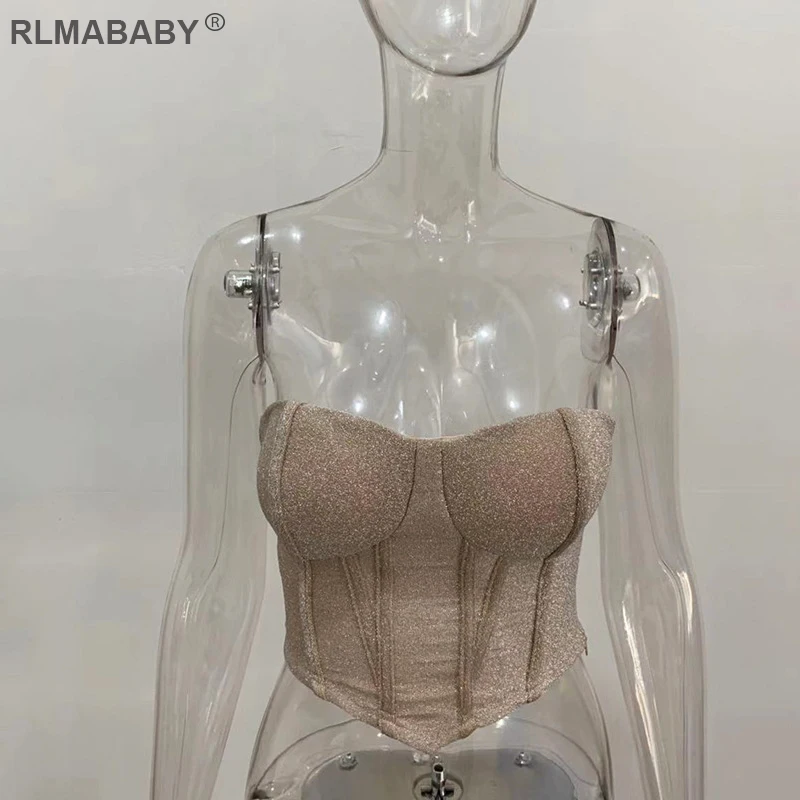 Сверкающий пикантный женский укороченный топ RLMABABY без бретелек с открытой
