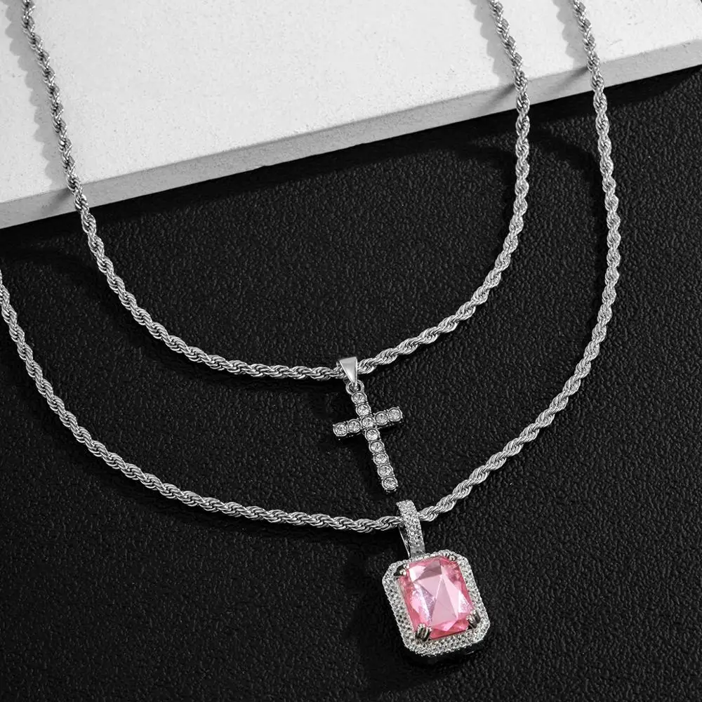 

IngeSight.Z Multi Layered Rhinestone Crystal Cross Square Pendant Necklace Punk Metal Twisted Rope Chain Choker Necklace Jewelry