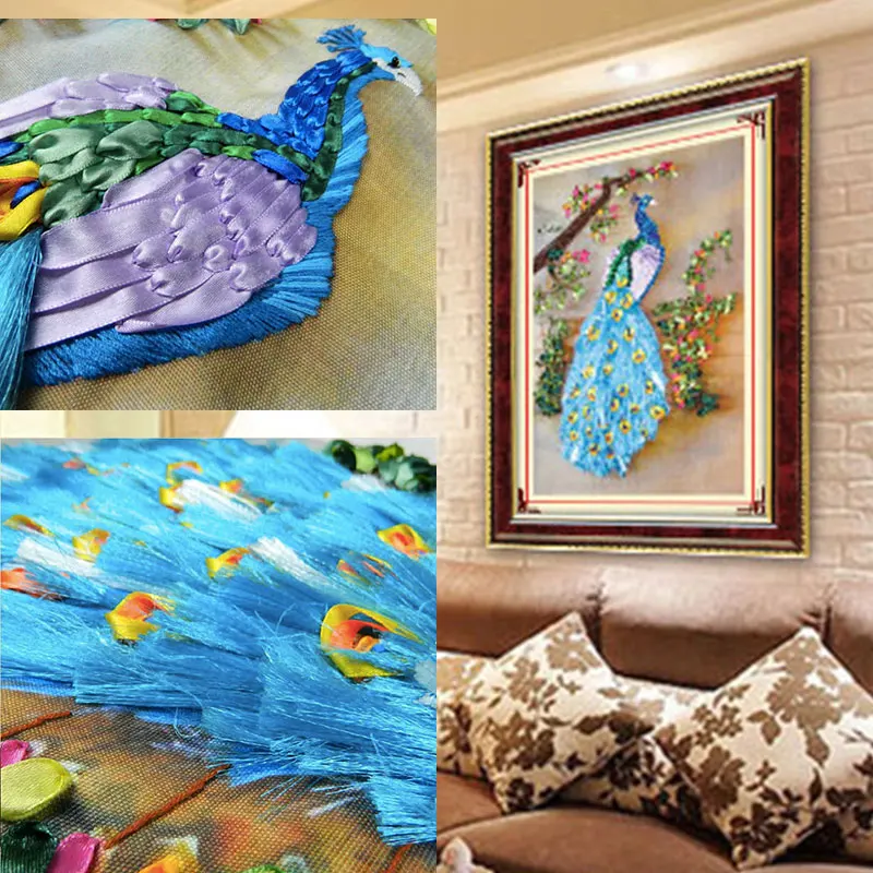 3D Павлин шелковая лента с цветами Ваза Набор для вышивки крестом рукоделие