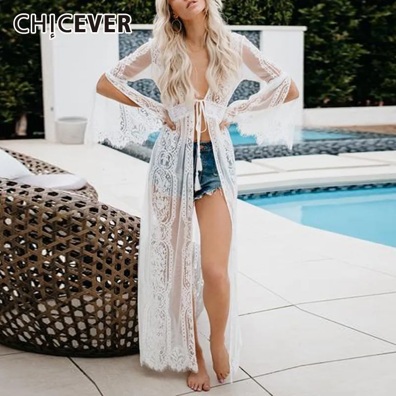 CHICEVER Летняя Пляжная стильная кружевная ажурная белая женская рубашка с V