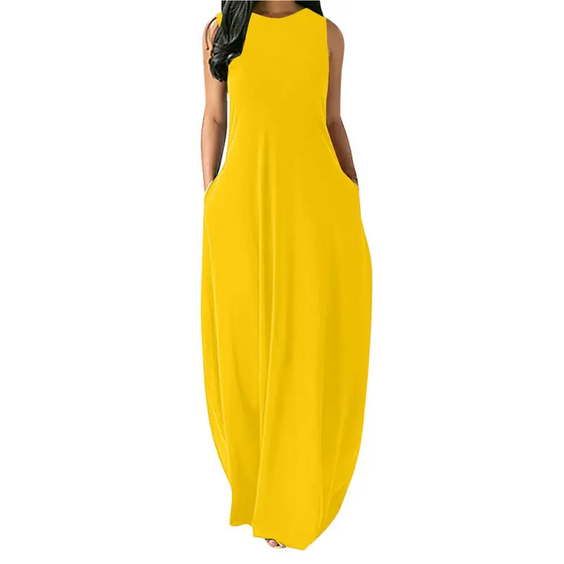 

Pocket Dresses Women Solid Long Dress Womens Summer Round Neck Sleeveless Tank Dress Ladies Casual robe femme Beachwear