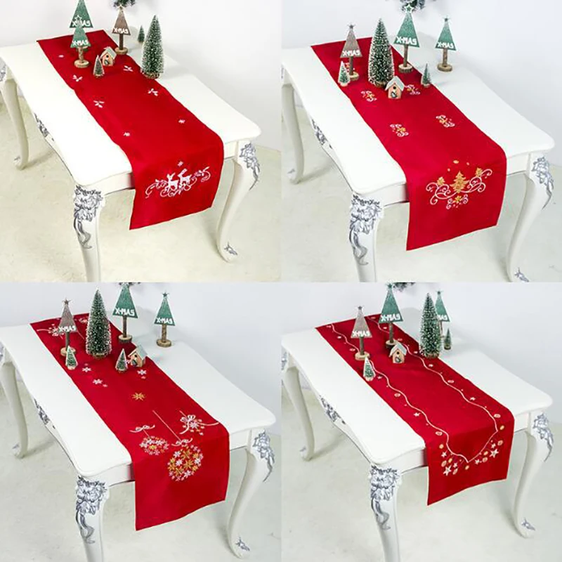 

178*38cm Christmas Table Flag Cotton Dirt Resistant Christmas Red Embroidered Placemats Home Decorations