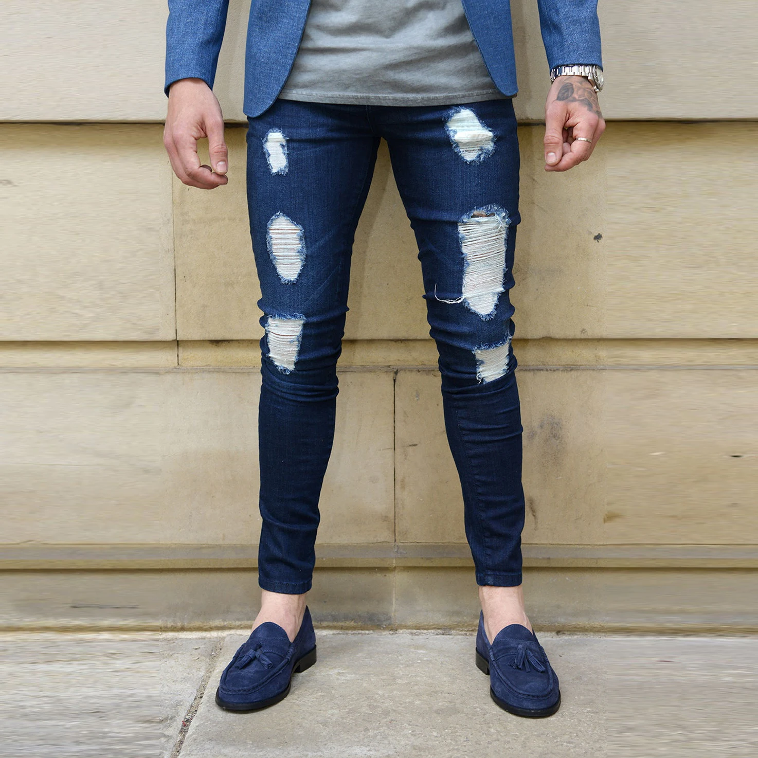 

Jeans 2021 New Fashion Streetwear Mens Jeans Destroyed Ripped Design Skinny Pencil Pants Ankle Skinny Male Long Denim Pants Blue