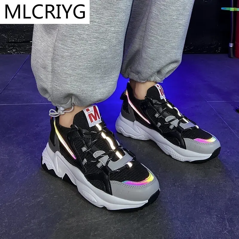 

2021 Fashion Woman Lace-up Vulcanized Shoes Platform Comfortable Spring New Mesh Breathable Woman Casual Reflective Tape Sneaker