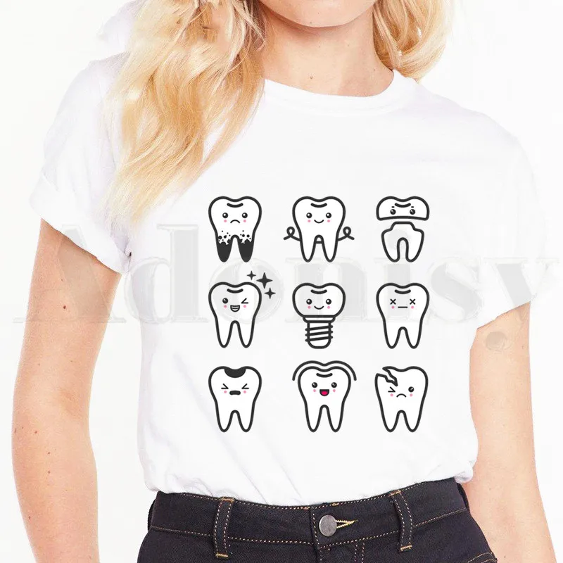 

Tooth and Dentist Graphic Aesthetic Funny Fashion Short Sleeve Female Tops Tees Harajuku VintageT Shirts Women's T-shirt