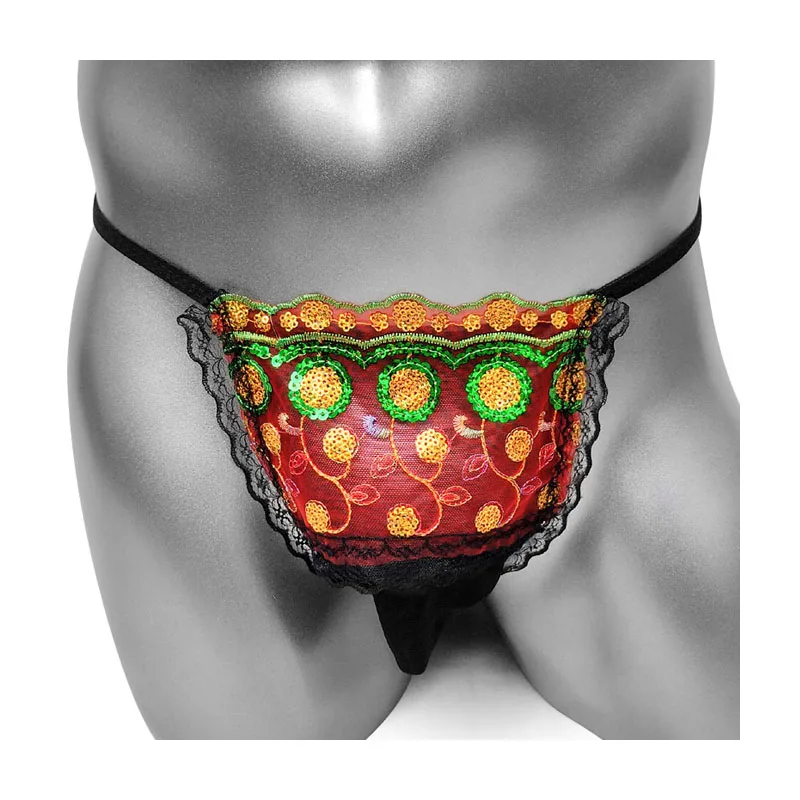 

Embroidery Sissy Men G Strings Panties Paillette With Bulge Pouch High Quality Brand Underwear Thong Sexy Gay Male Lingerie