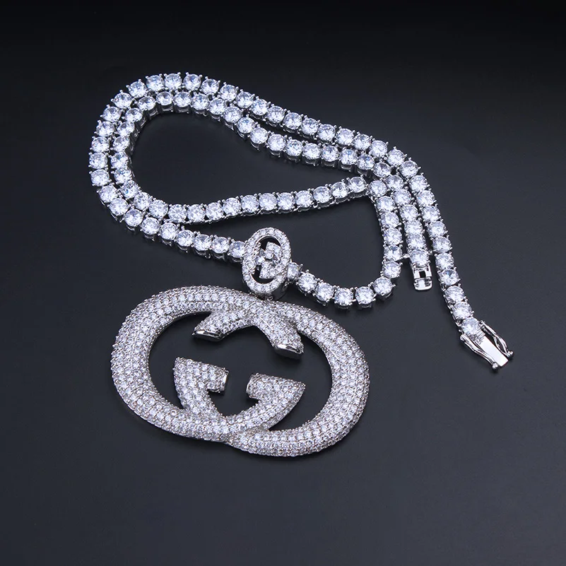 Iced Out двойной G кулон ожерелье с tenins цепь золото серебро цвет хип хоп Шарм цепи ювелирные изделия для мужчин подарок