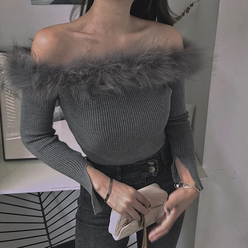 

Limiguyue меховой вязаный свитер, женский сексуальный эластичный пуловер с вырезом лодочкой и открытыми плечами, Осенние Зимние Топы, повседнев...