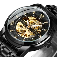 winner skeleton automatic watch for men fashion crystal diamond dial luxury black stainless steel strap clock relogio masculino