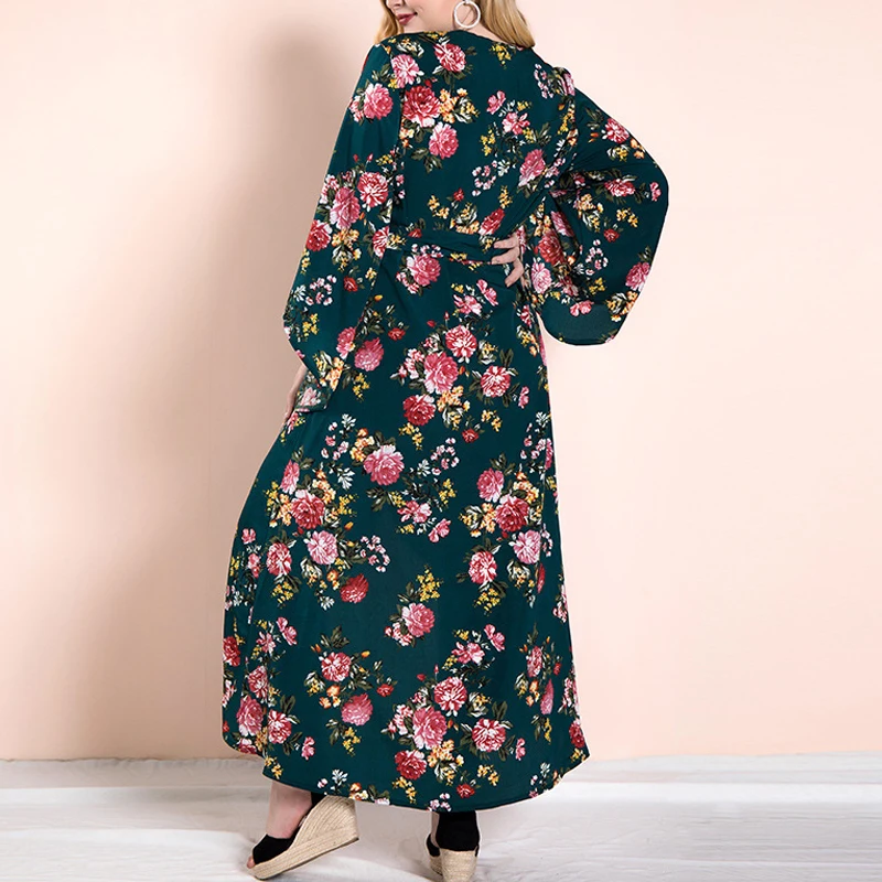 OTEN 2018 Autumn Women Fashion Clothes Long Sleeves V Neck Green Ruffle Flowers printed Casual Party Irregular Dress | Женская одежда