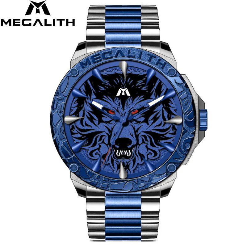steel sliver blue Relogio Masculino,, MEGALITH, спортивные, тисненые, Волчья Голова, кварцевые часы, водонепроницаемые, нержавеющая сталь, Роскошные наручные часы, мужские часы - Цвет: steel sliver blue