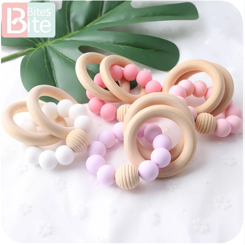 1Pc Baby Silicone Teether Bracelets Rattle Threaded Bead Bangles Teething Wooden Ring Rodent Children's Goods Gift | Мать и ребенок