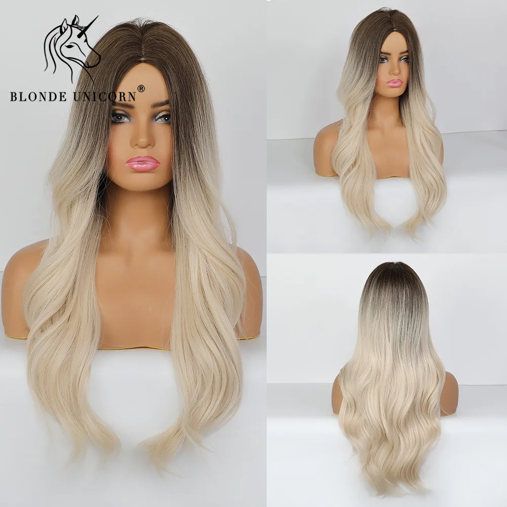 Длинные волнистые парики блонд единорог белые волосы Омбре волнистый